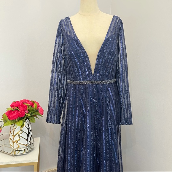 # Mac Duggal Sequins Stripe Plunge Neck Long Sleeve A Line Gown In Midnight NWT - Picture 11 of 16